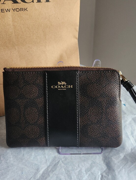 Coach Handbags - Coach Black and Walnut Brown Signature Wristlet NWT